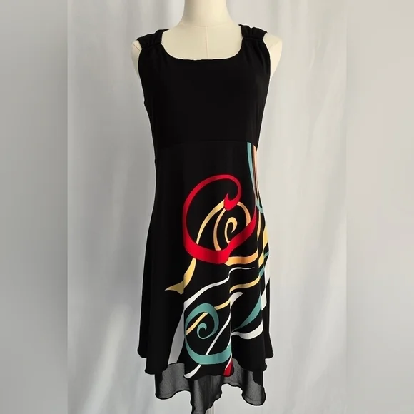 Libra Sleeveless Black Dress Layered Multi-Colored Skirt & Shoulder Detail Sz. S - Picture 3 of 11